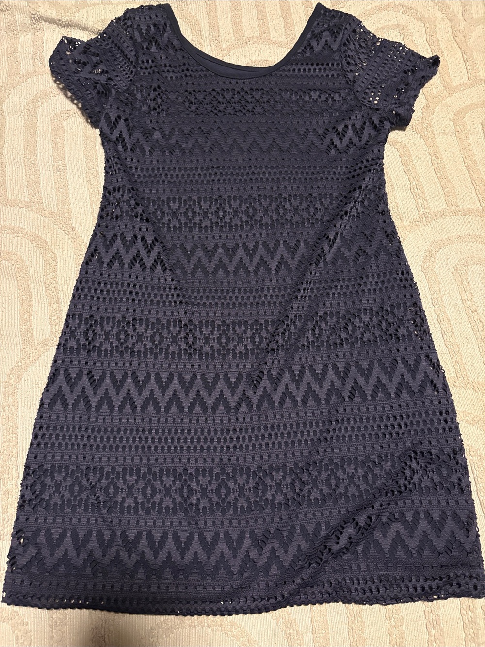 Lace Overlay Short Sleeve Dress - Navy